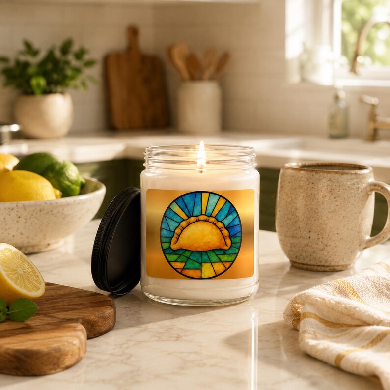 May include: A clear glass candle jar with a black lid, featuring a label with a yellow empanada illustration inside a blue and yellow stained glass circular pattern. The candle is lit, showing a visible flame inside the cylindrical glass container.