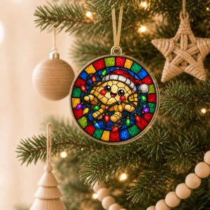 May include: A round Christmas ornament featuring a stained-glass style illustration of a smiling turtle wearing a red and white Santa hat, tangled in colorful string lights. The border consists of alternating red, green, and blue glass segments.