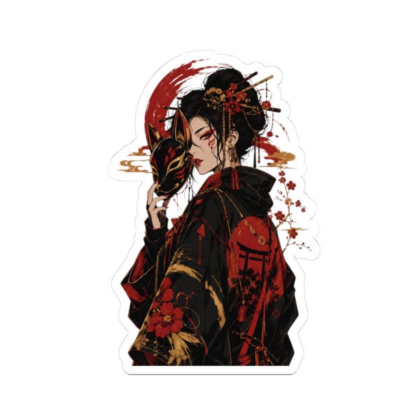 Kitsune Mask Sticker, Dark Japanese Art Decal, Geisha Fox Spirit