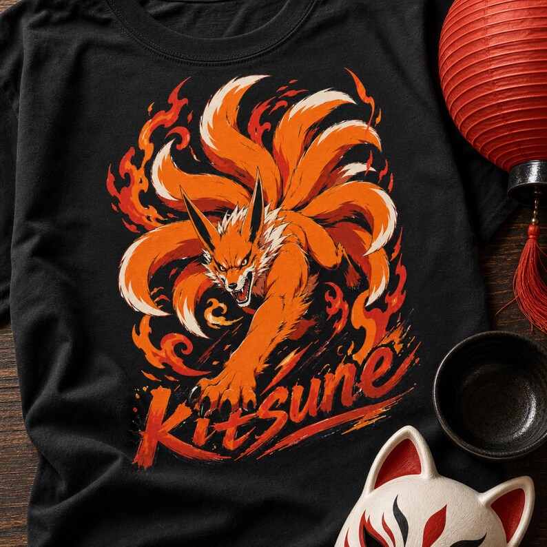 K&ouml;nnte beinhalten: Ein schwarzes T-Shirt mit einer grafischen Illustration eines orangefarbenen Fuchses mit mehreren Schw&auml;nzen, umgeben von stilisierten orangefarbenen und roten Flammen. Das Wort Kitsune ist in einer fetten Pinselstrich-Schrift in Rot und Orange gedruckt.
