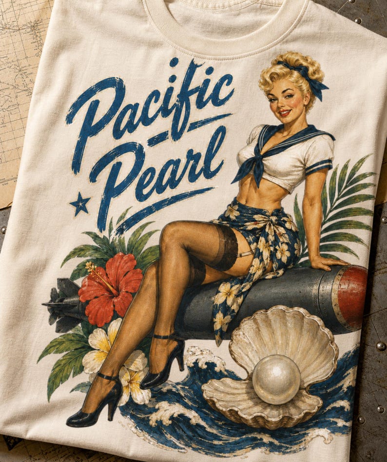May include: An off-white t-shirt featuring a graphic of a blonde person in a sailor-style top and floral sarong sitting on a bomb. The text Pacific Pearl is printed in blue script. The design includes a large seashell with a pearl and hibiscus flowers.