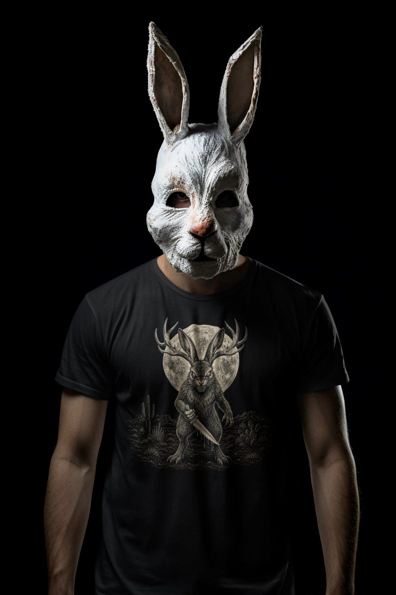 K&ouml;nnte beinhalten: Ein schwarzes T-Shirt mit einer grafischen Illustration eines Jackalopen, der ein Messer in einer W&uuml;stenlandschaft vor einem Vollmond h&auml;lt. Die Person tr&auml;gt eine strukturierte, wei&szlig;e, realistische Hasenmaske mit langen Ohren.