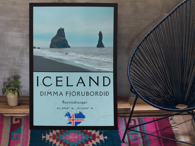 Island reseposter, Reynisfjara svart sandstrandkonst, nordisk väggdekor bild 4