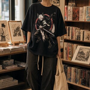 May include: A black short-sleeved t-shirt featuring a graphic print of a masked warrior figure with a sword, paired with dark gray cargo pants with a drawstring waist, black and white low-top sneakers, and a plain beige canvas tote bag.