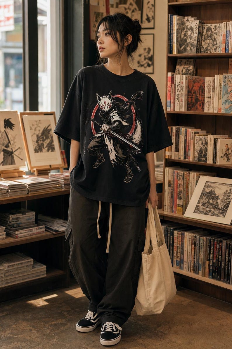 May include: A black short-sleeved t-shirt featuring a graphic print of a masked warrior figure with a sword, paired with dark gray cargo pants with a drawstring waist, black and white low-top sneakers, and a plain beige canvas tote bag.