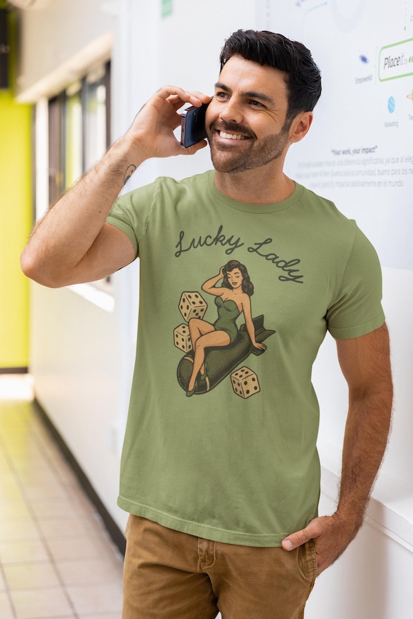 WWII Bomber Nose Art T-Shirt | Lucky Lady Pin-Up Girl | Vintage Aviation Pilot Gift