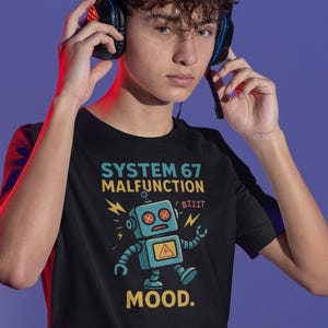 May include: Black t-shirt with a cartoon robot graphic and the text "SYSTEM 67 MALFUNCTION" and "MOOD." The robot is blue with a yellow hazard symbol. The person is wearing a black headset.