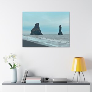 Reynisfjara Black Sand Beach Canvas, Iceland Sea Stacks Print, Nordic Coastal Landscape Decor image 2