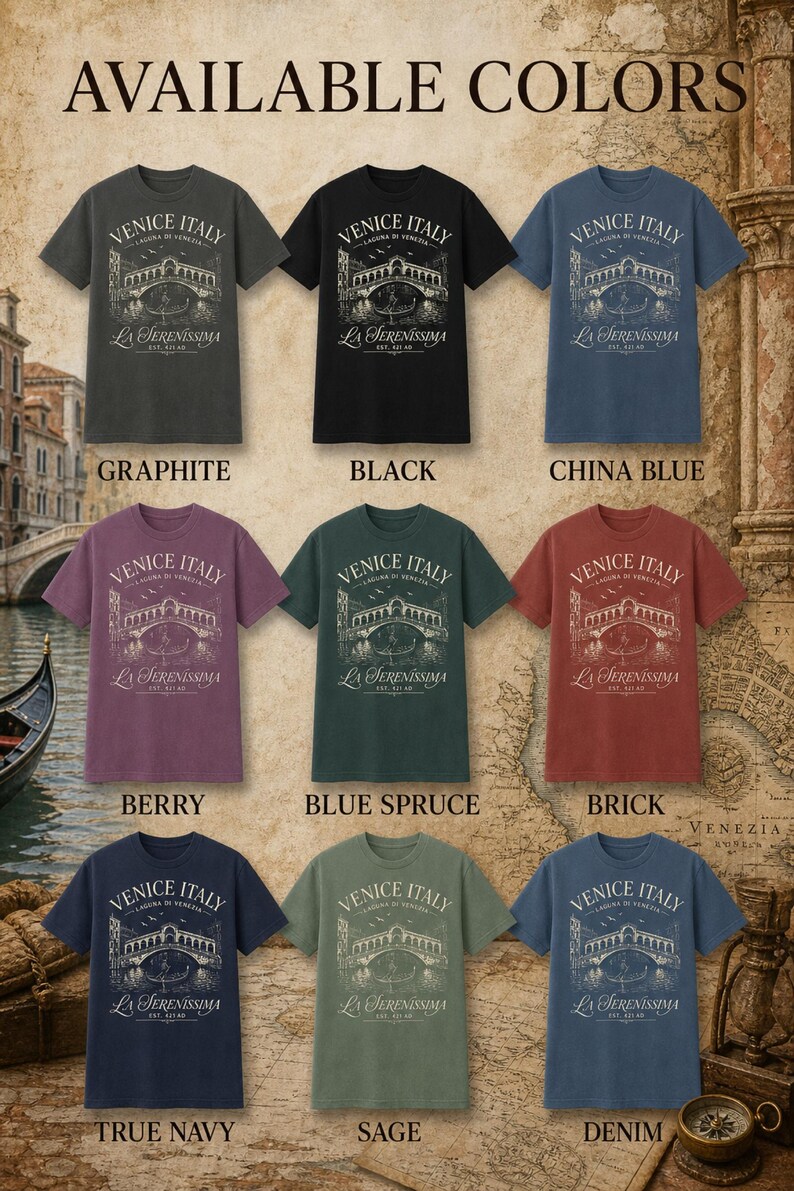 May include: A collection of nine short-sleeved t-shirts in graphite, black, china blue, berry, blue spruce, brick, true navy, sage, and denim. Each shirt features a white graphic print of a bridge, a gondola, and the text Venice Italy.
