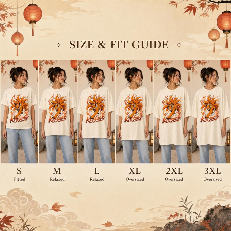 K&ouml;nnte beinhalten: Eine Gr&ouml;&szlig;entabelle mit sechs Abbildungen eines T-Shirts mit einem neunschw&auml;nzigen Fuchs-Motiv und dem Text Kitsune. Die Tabelle zeigt die Gr&ouml;&szlig;en S, M, L, XL, 2XL und 3XL mit entsprechenden Passformbeschreibungen von tailliert bis oversized.