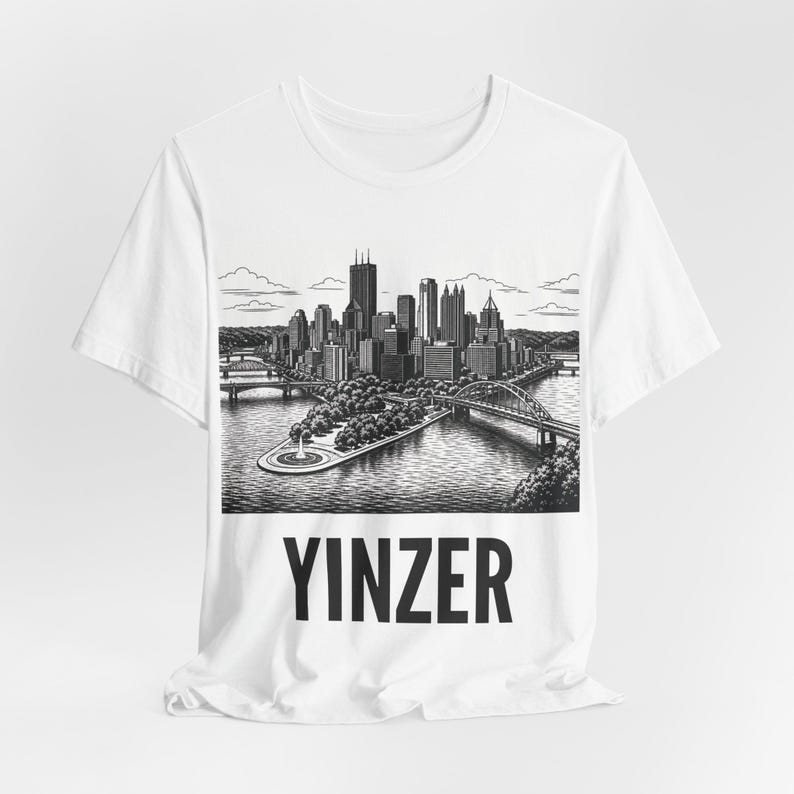 Pittsburgh Yinzer Skyline T-Shirt - vintage woodcut Steel City graphic - SunSpun Creations