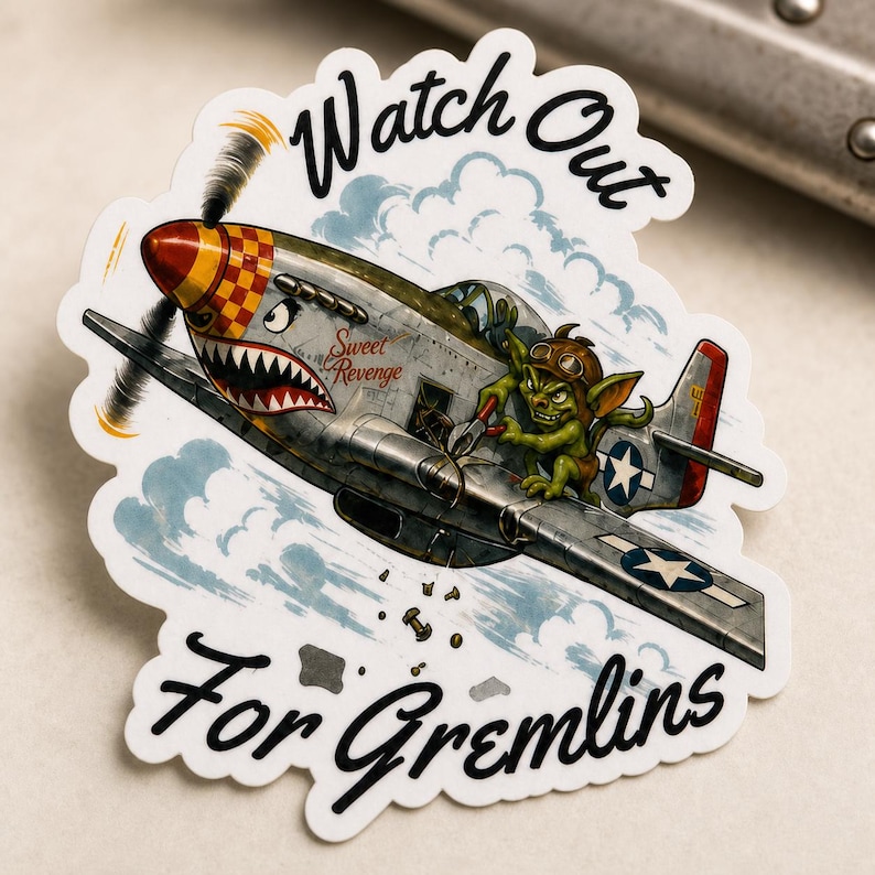 WWII Nose Art Gremlin Sticker, Vintage Warbird Aviation Decal, Pilot Gift image 1