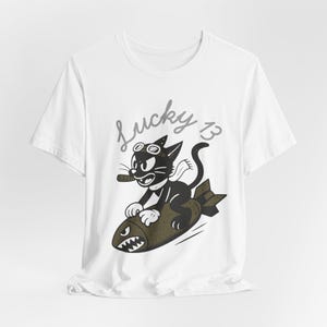 WWII Bomber Nose Art T-Shirt | Lucky 13 Cartoon Cat | Vintage Aviation Pilot Gift image 7