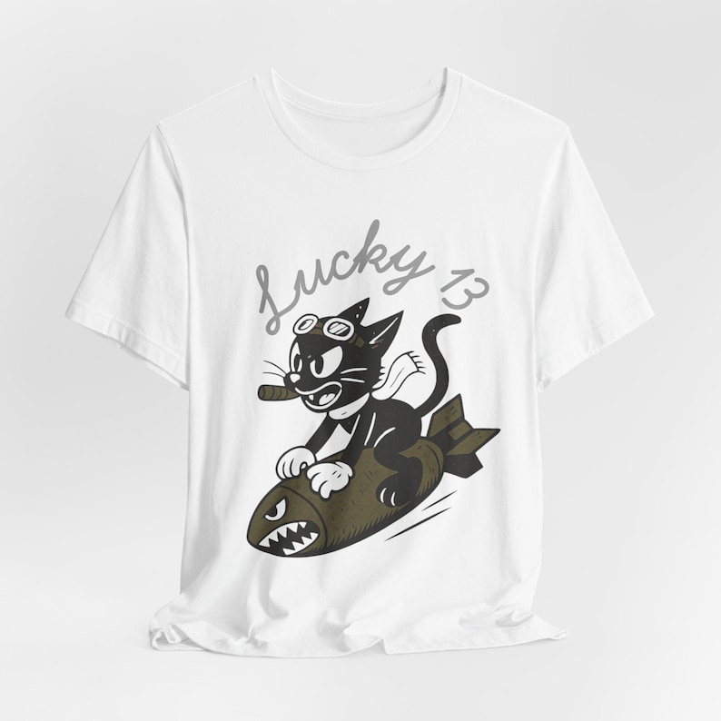 WWII Bomber Nose Art T-Shirt | Lucky 13 Cartoon Cat | Vintage Aviation Pilot Gift image 7