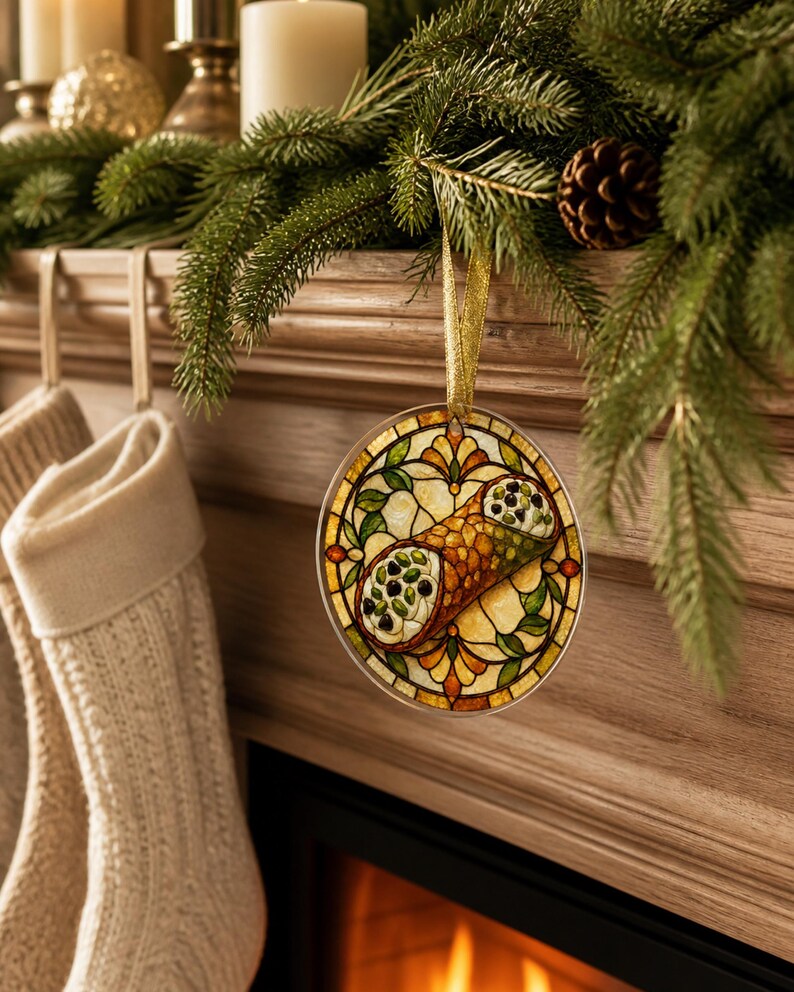 May include: A round, flat ornament featuring a stained-glass style illustration of a cannoli with a golden-brown pastry shell and white cream filling with dark chocolate chips, suspended by a thin gold ribbon against a festive holiday backdrop.