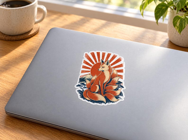 May include: A die-cut sticker featuring a multi-tailed orange fox sitting in front of a large red sun and a mountain silhouette. The design incorporates stylized blue waves and dark foliage at the base, rendered in a graphic illustration style.