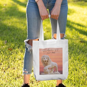 May include: White tote bag with a lion statue graphic and the text "St. Augustine, FL Est. 1565". The image has a sunset background. The bag is held by a person wearing blue jeans and black trainers.