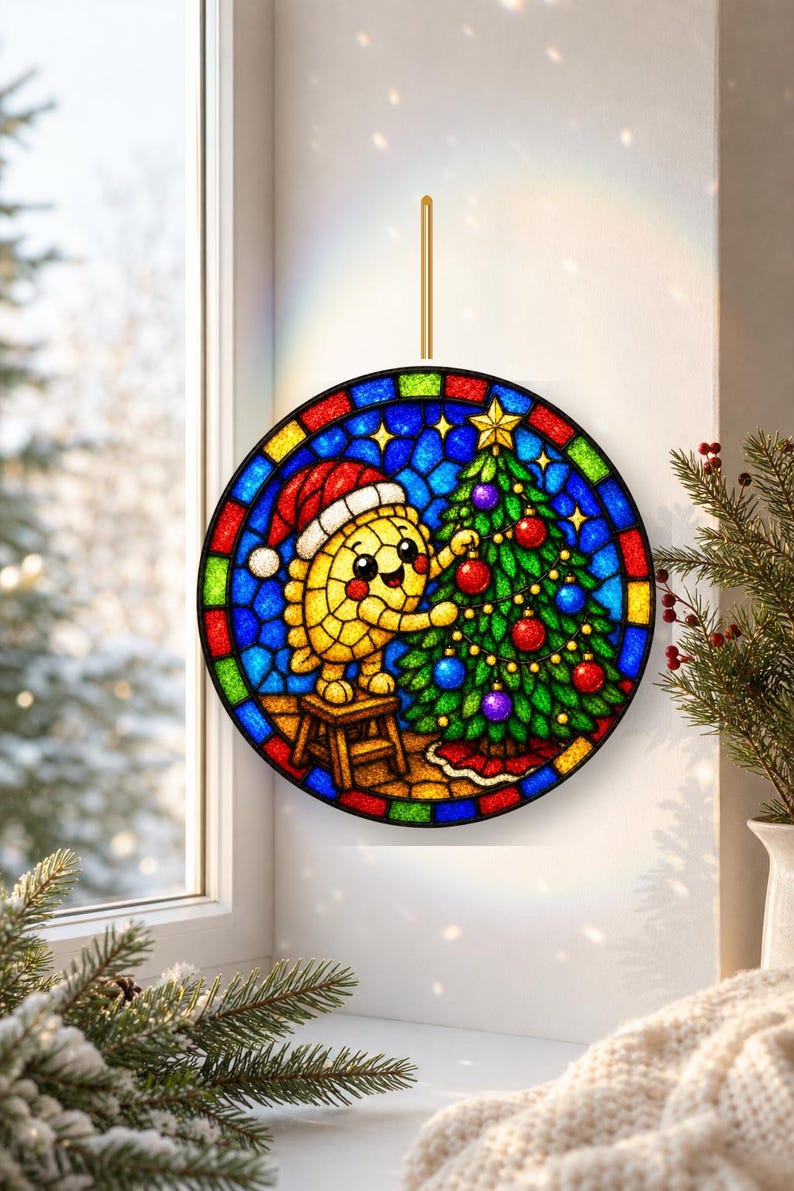 Puede incluir: Un atrapasol circular de vidriera que muestra un personaje amarillo sonriente con un gorro de Pap&aacute; Noel rojo, de pie sobre un taburete peque&ntilde;o para decorar un &aacute;rbol de Navidad verde con adornos rojos y morados, bordeado por un mosaico.