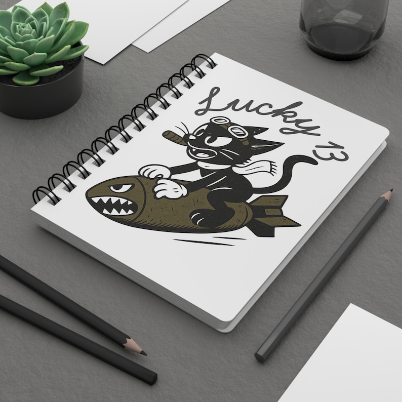 Lucky 13 Pilot Notebook, WWII Nose Art Journal, Retro Cat Bomb image 2