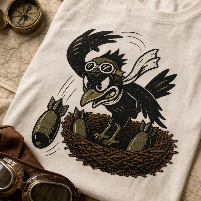 Puede incluir: Una camiseta color hueso con el gr&aacute;fico de un p&aacute;jaro negro con gafas de aviador en un nido. El p&aacute;jaro est&aacute; lanzando bombas de color verde oliva. La ilustraci&oacute;n utiliza un estilo de tinta desgastado con contornos negros y tonos verdes.