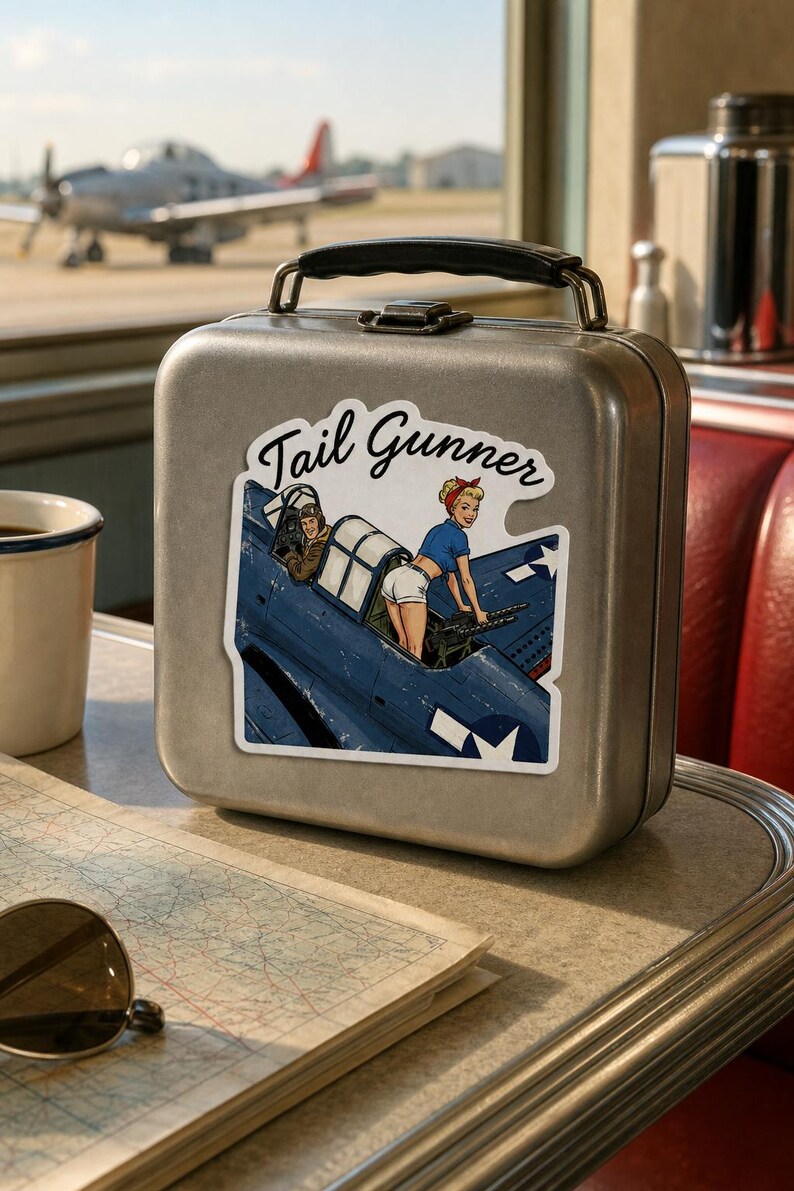 May include: A silver metal lunch box featuring a sticker with a blue military aircraft and a pin-up style character operating a machine gun. The sticker includes the text Tail Gunner in a black script font. The lunch box has a black handle.
