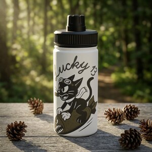 Lucky 13 Cat Bomb Nose Art Water Bottle, WWII Bomber Aviation image 2