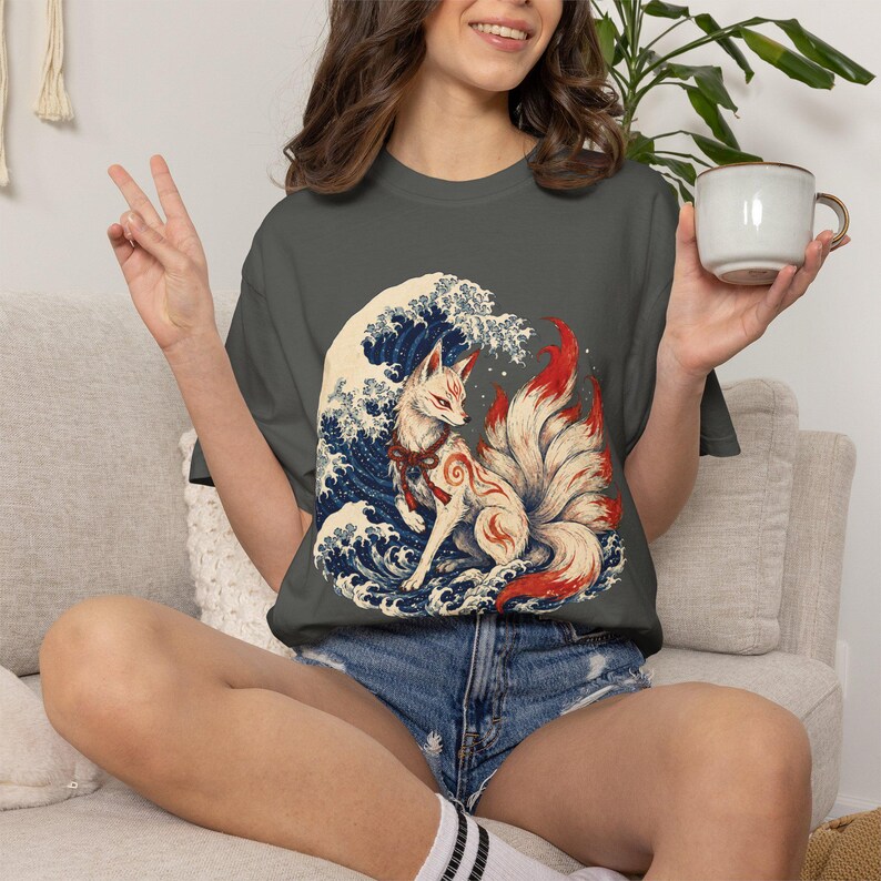 Kitsune Shirt, Japanese Fox Spirit, Ukiyo-e Wave Art, Folklore Tee image 7