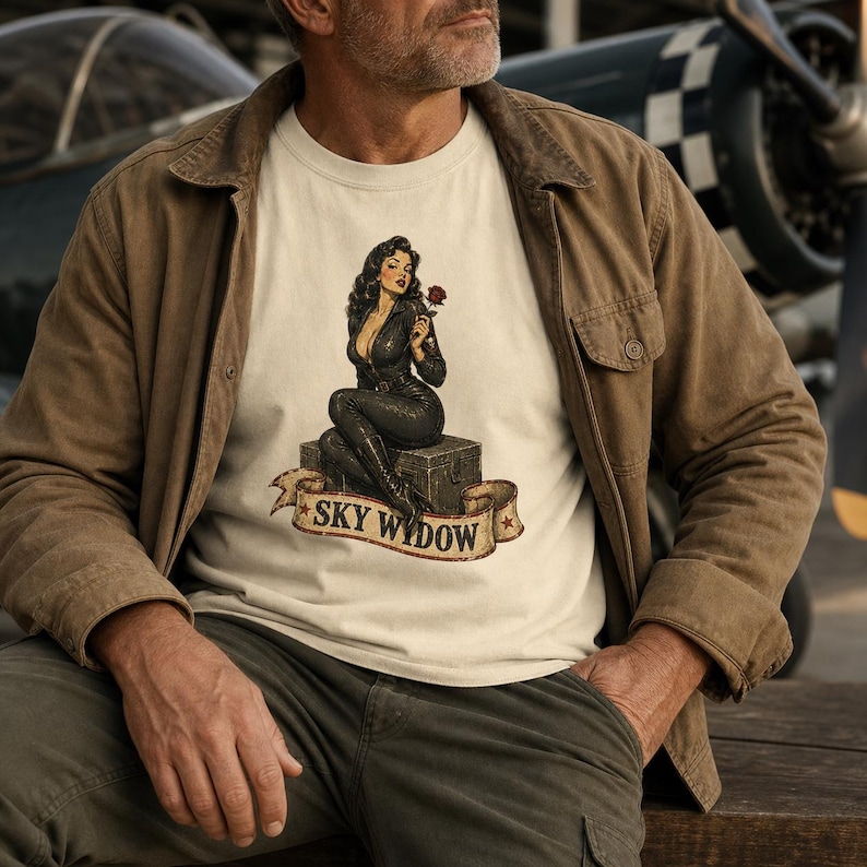 May include: A cream-colored t-shirt featuring a graphic of a woman in a black outfit sitting on a crate, holding a red rose. Below the figure is a banner with the text SKY WIDOW in black capital letters, flanked by two small red stars.