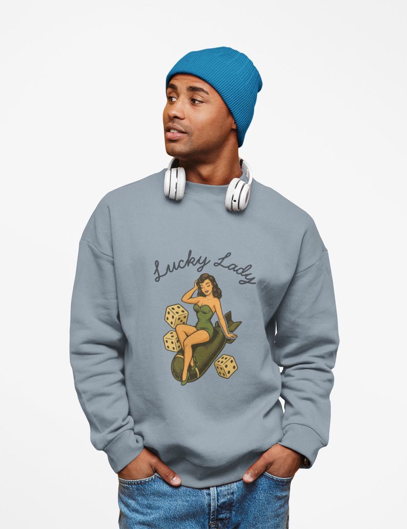 Vintage Pin Up Sweatshirt, WWII Nose Art Crewneck, Rockabilly Bombshell Aviation Top image 3