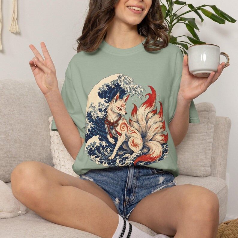 Kitsune Shirt, Japanese Fox Spirit, Ukiyo-e Wave Art, Folklore Tee image 9