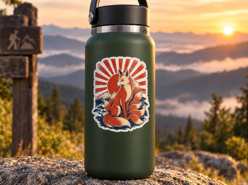 May include: A matte dark green insulated water bottle with a black lid and a sticker featuring a multi-tailed fox sitting in front of a red sunburst and a mountain silhouette. The sticker design uses orange, red, white, and blue color tones.