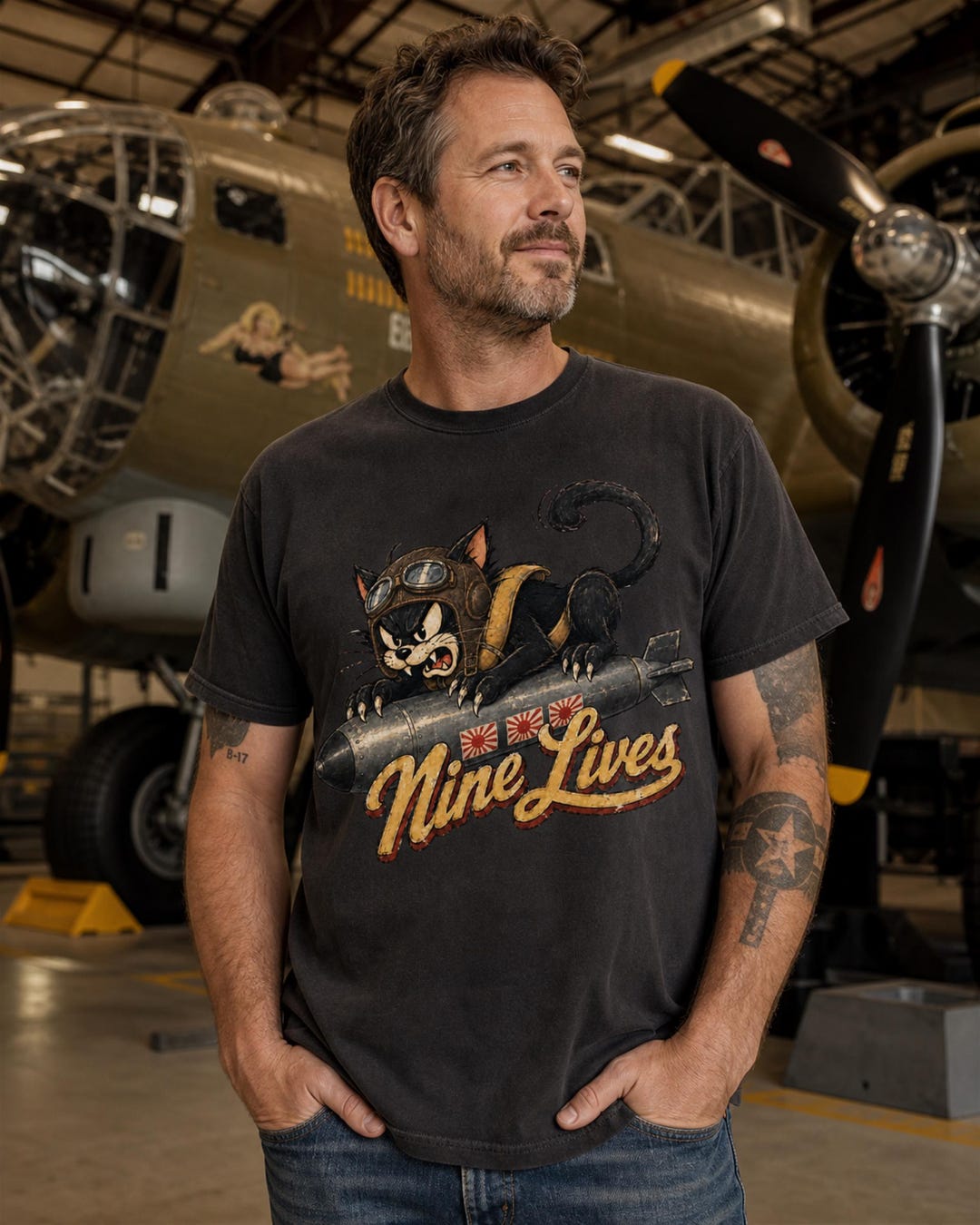 Nine Lives WWII bomber cat nose art shirt from SunSpun Creations
