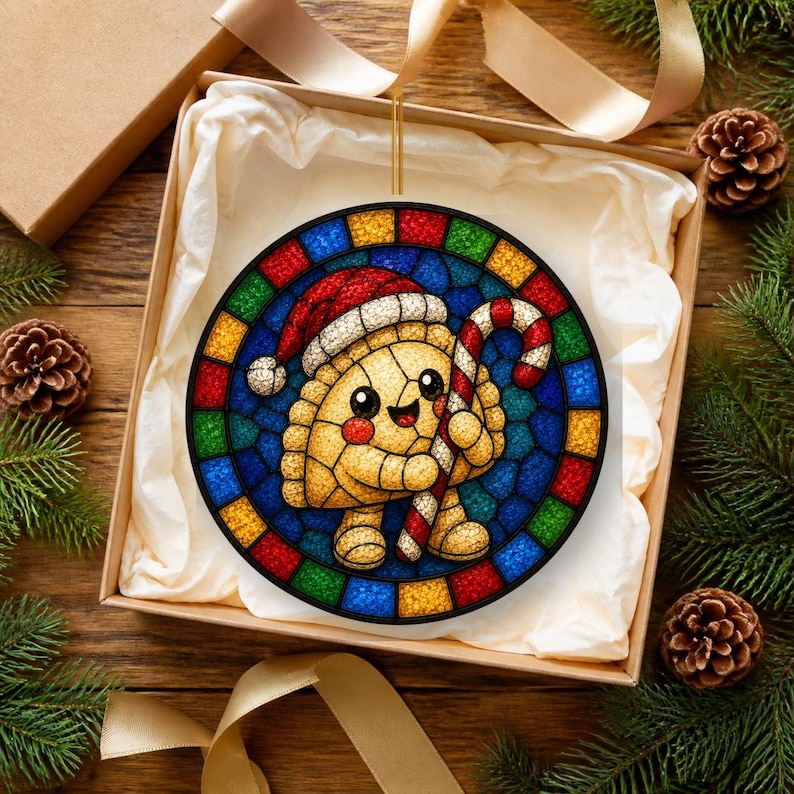 May include: A circular ornament featuring a stained-glass style illustration of a smiling empanada wearing a red and white Santa hat and holding a red and white striped candy cane, surrounded by a colorful border of blue, green, red, and yellow.