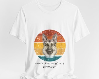 Personalize with your pup's name | Retro German Shepherd Illustration T-Shirt | Vintage Striped Dog Tee