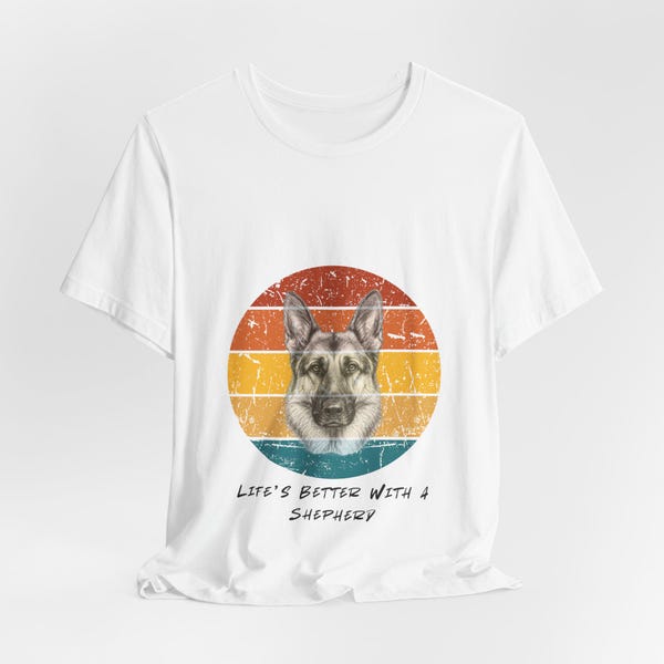 Personalize with your pup's name | Retro German Shepherd Illustration T-Shirt | Vintage Striped Dog Tee