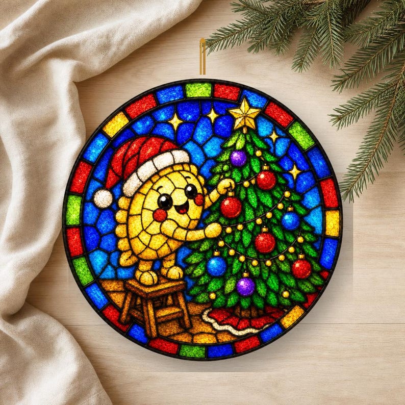 May include: A circular stained glass ornament featuring a yellow turtle wearing a red and white Santa hat, standing on a small wooden stool to decorate a green Christmas tree with red, blue, and purple ornaments, all set against a blue background.