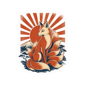 Kitsune Fox Sticker, Retro Japanese Sunrise Decal, Mount Fuji Folklore Art image 11