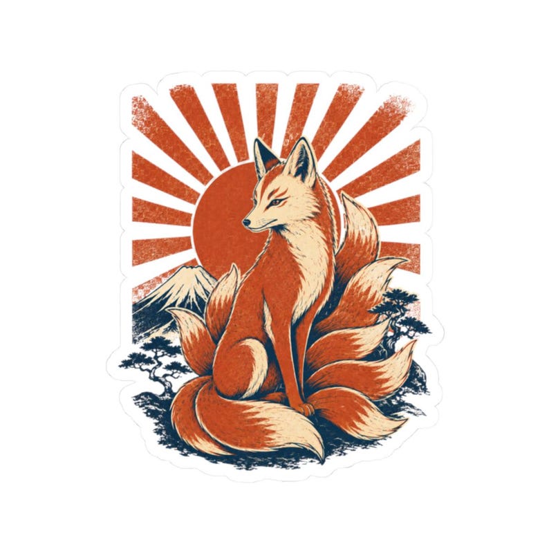 Kitsune Fox Sticker, Retro Japanese Sunrise Decal, Mount Fuji Folklore Art image 11