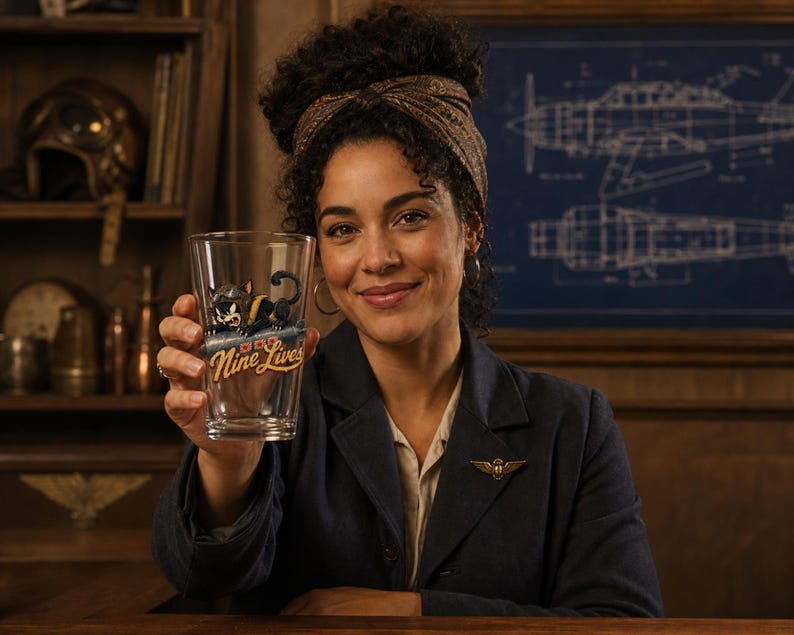 Op de afbeelding: Een helder glazen drinkglas met een afbeelding van een zwarte kat met een pilotenhelm en een bril, boven de tekst Nine Lives in een gestileerd geel lettertype. Het glas heeft een taps toelopende cilindrische vorm met een gladde afwerking.
