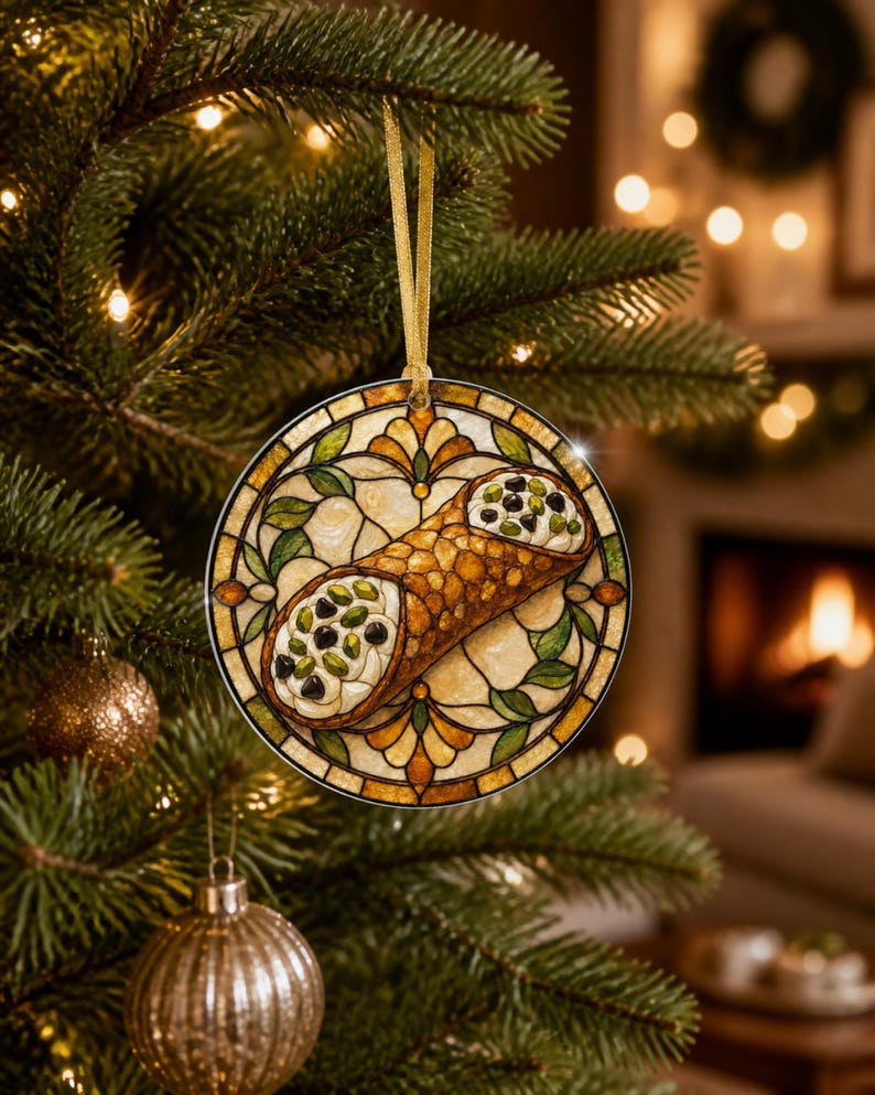 May include: A round, flat ornament featuring a stained-glass style illustration of a cannoli pastry with a golden-brown shell and white cream filling with dark chocolate chips, suspended by a thin gold ribbon against a green pine tree background.