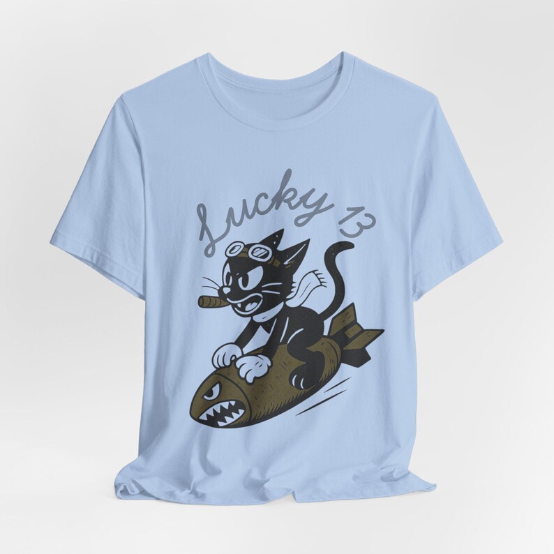 WWII Bomber Nose Art T-Shirt | Lucky 13 Cartoon Cat | Vintage Aviation Pilot Gift image 10
