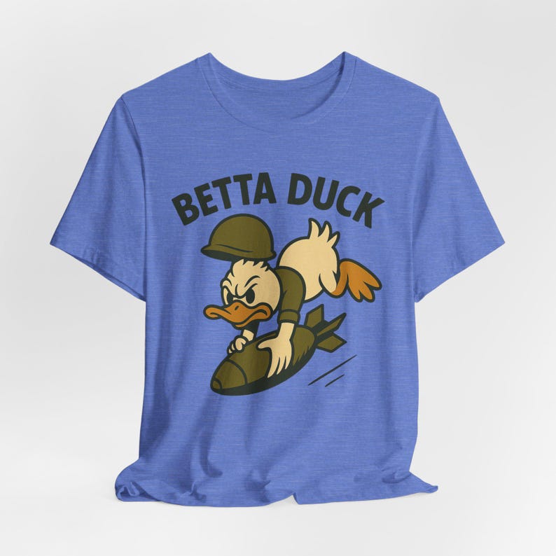 Betta Duck Bomb Rider T-Shirt: Retro Cartoon Military Nose Art Style image 12