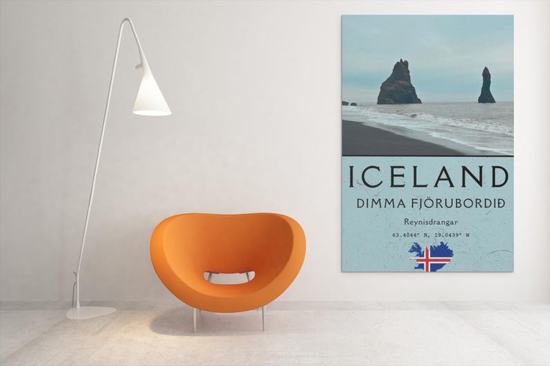 Island reseposter, Reynisfjara svart sandstrandkonst, nordisk väggdekor bild 1