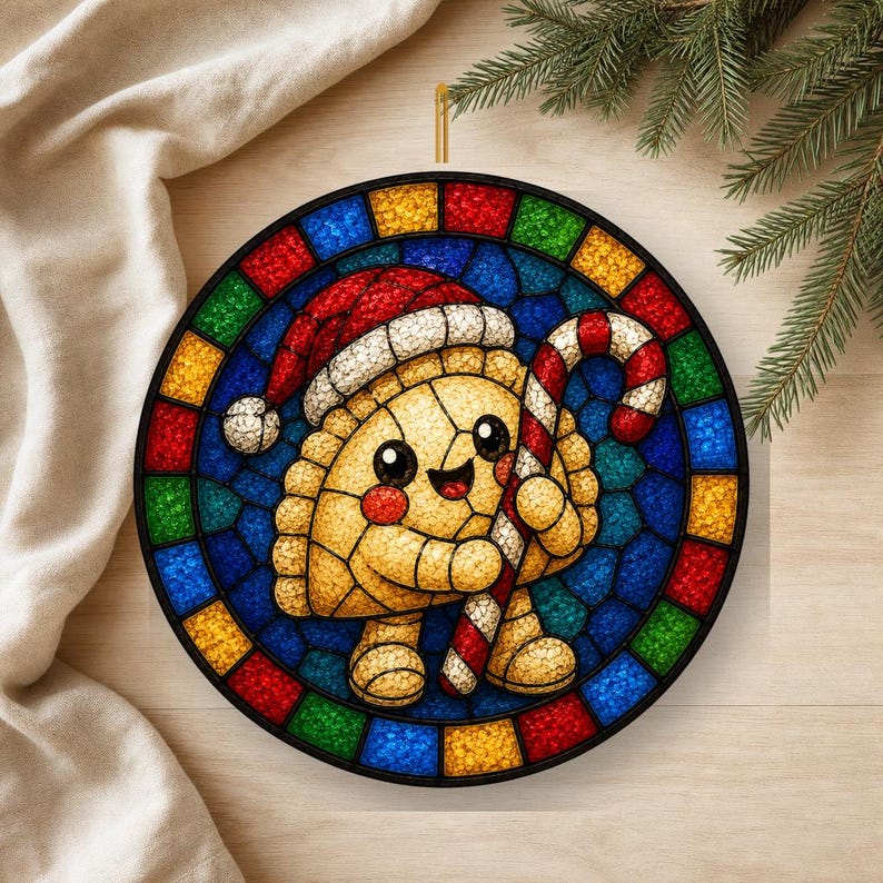 May include: A circular stained glass ornament featuring a smiling, golden-brown dumpling character wearing a red and white Santa hat. The character holds a red and white striped candy cane. The border consists of alternating red, blue, green, and yellow glass squares.