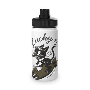 Lucky 13 Cat Bomb Nose Art Water Bottle, WWII Bomber Aviation image 4