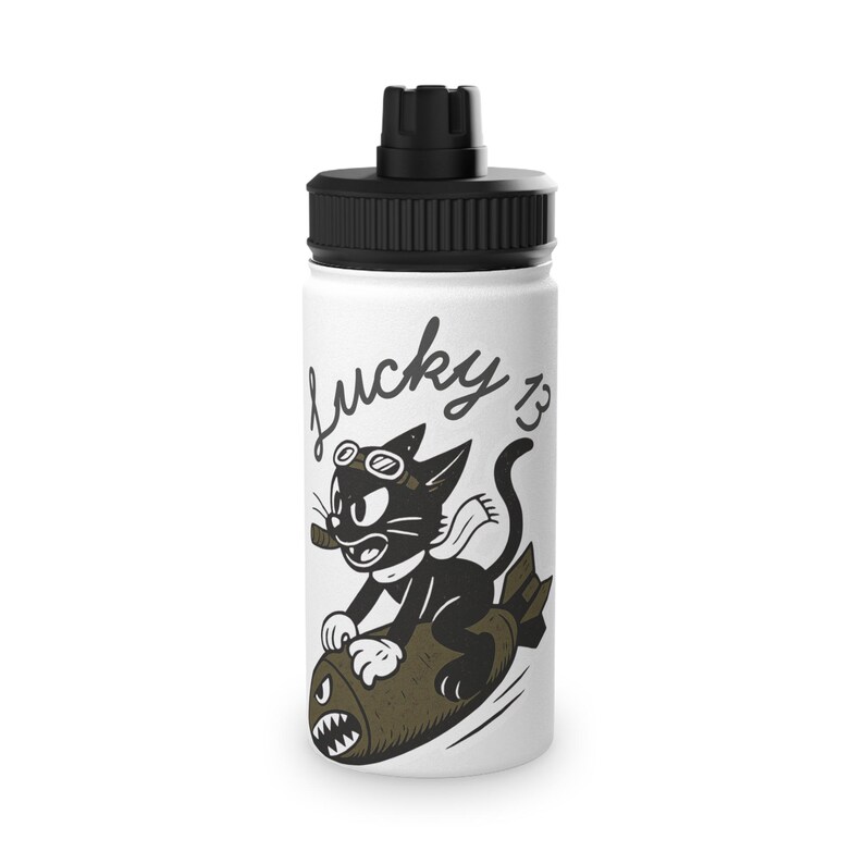 Lucky 13 Cat Bomb Nose Art Water Bottle, WWII Bomber Aviation image 4