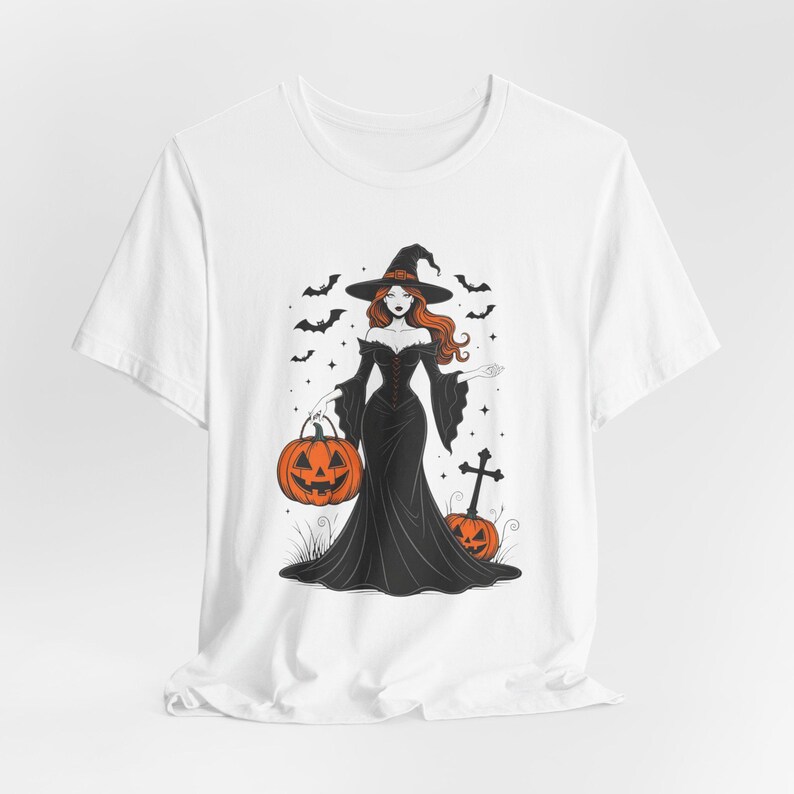 Seksowna koszulka z czarownicą na Halloween, koszulka z gotycką pinup, upiorny sezon zdjęcie 5