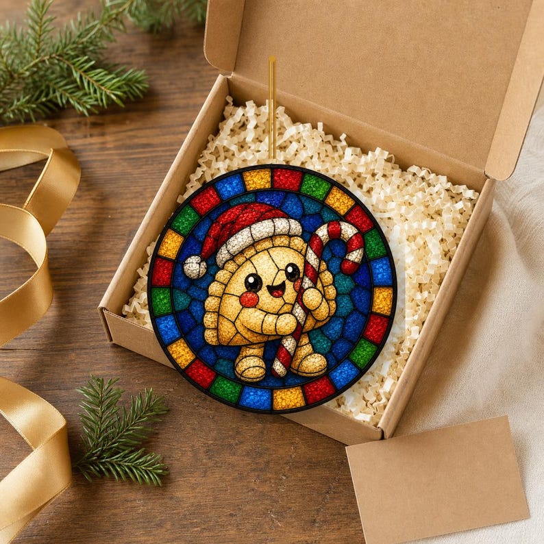May include: A circular ornament featuring a stained-glass style illustration of a smiling dumpling character wearing a red Santa hat and holding a red and white striped candy cane, surrounded by a colorful border of blue, green, yellow, and red.