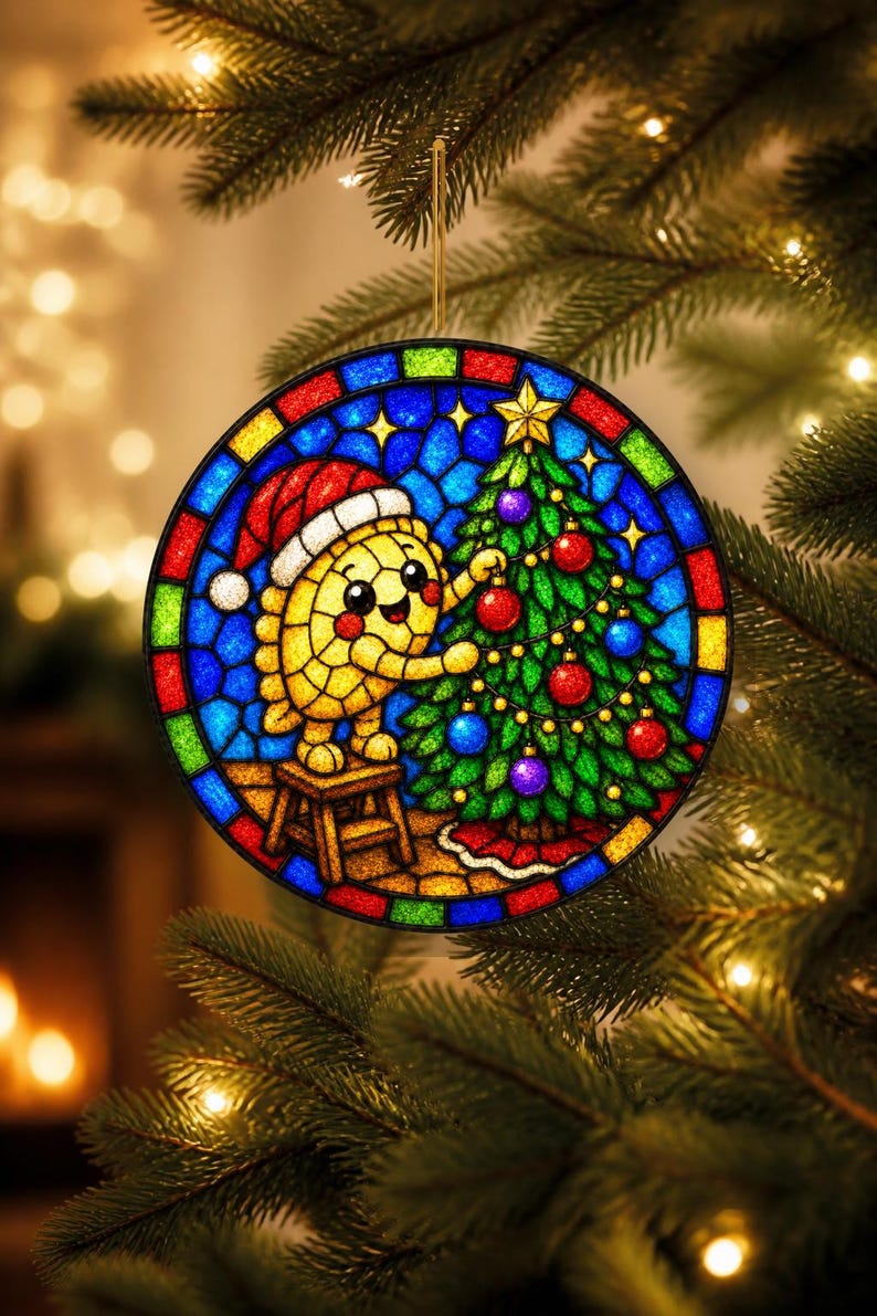 Puede incluir: Un adorno circular de vidriera que muestra a un personaje amarillo con un gorro de Pap&aacute; Noel rojo y blanco, de pie sobre un peque&ntilde;o taburete de madera para decorar un &aacute;rbol de Navidad verde con adornos rojos y morados, con un borde de mosaico.