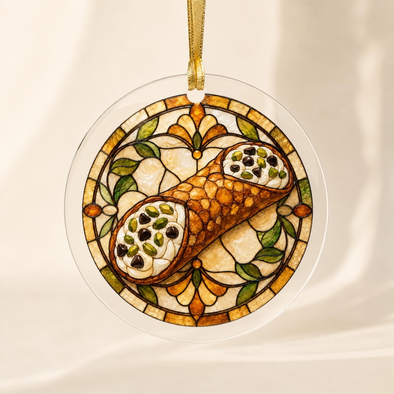 May include: A round, clear acrylic ornament featuring a printed illustration of a cannoli filled with cream, chocolate chips, and pistachios. The cannoli is centered against a background of stained glass patterns in shades of amber, gold, and green.
